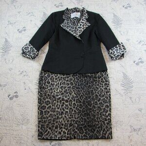 Vntg  Sylvia Heigel Silk womens skirt suit blazer black leopard animal print 10